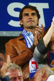 Tennis ace Roger Federer watches from the grandstand during the UEFA Europa League Semi Final First Leg match between FC Basel 1893 and Chelsea at St. Jakob Stadium on April 25, 2013 in Basel, Switzerland. (Photo by Clive Rose/Getty Images)